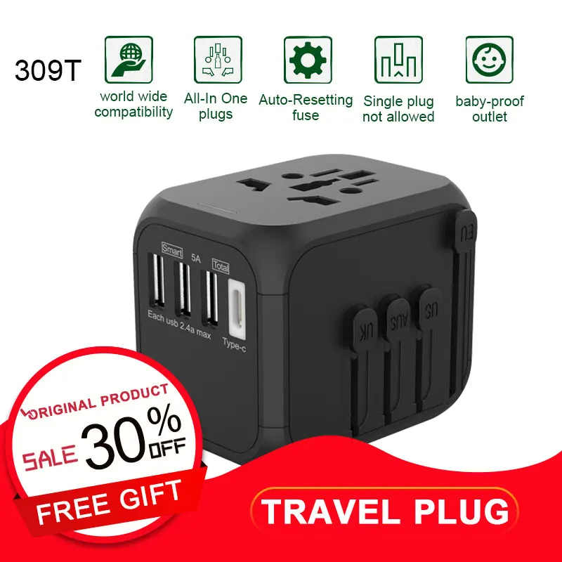 

Plug Travel Adapter International Universal Power Adapter All-in-one 5V 2.4A USB Type-c Worldwide Wall Charger for UK/EU/AU/Asia