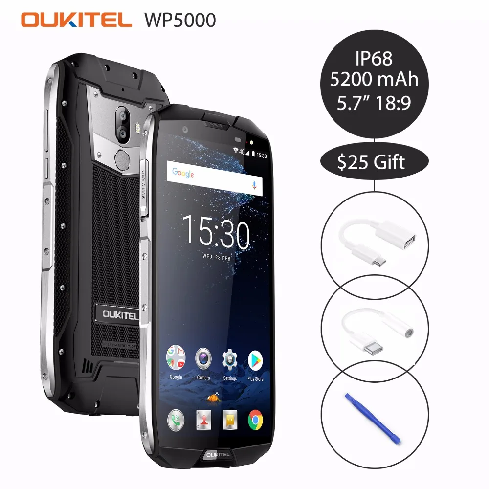 

Oukitel WP5000 5.7'' 18:9 Android 7.1 Helio P25 Octa Core Mobilephone 6GB RAM 64GB ROM 5200mAh 4G Smartphone IP68 Waterproof OTG
