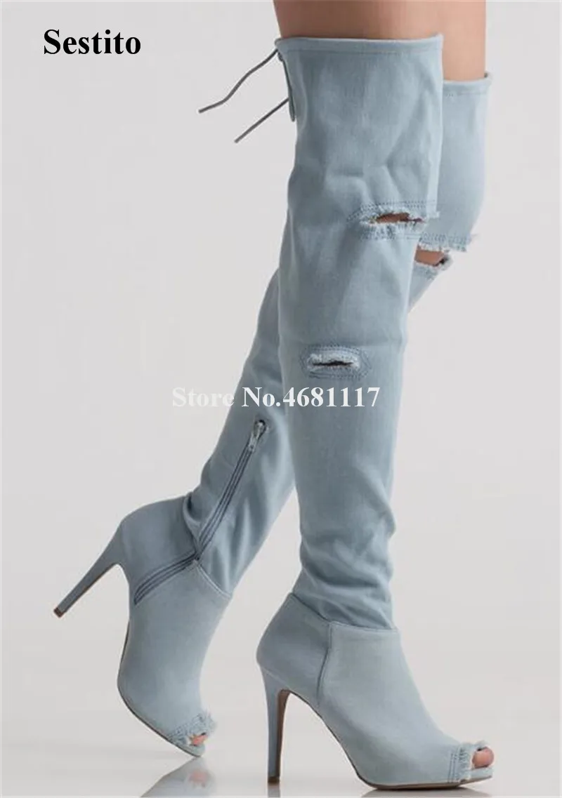 

Spring Autumn New Fashion Women Peep Toe Denim Over Knee Gladiator Boots Cut-out Top Lace-up Blue Jean Long High Heel Boots
