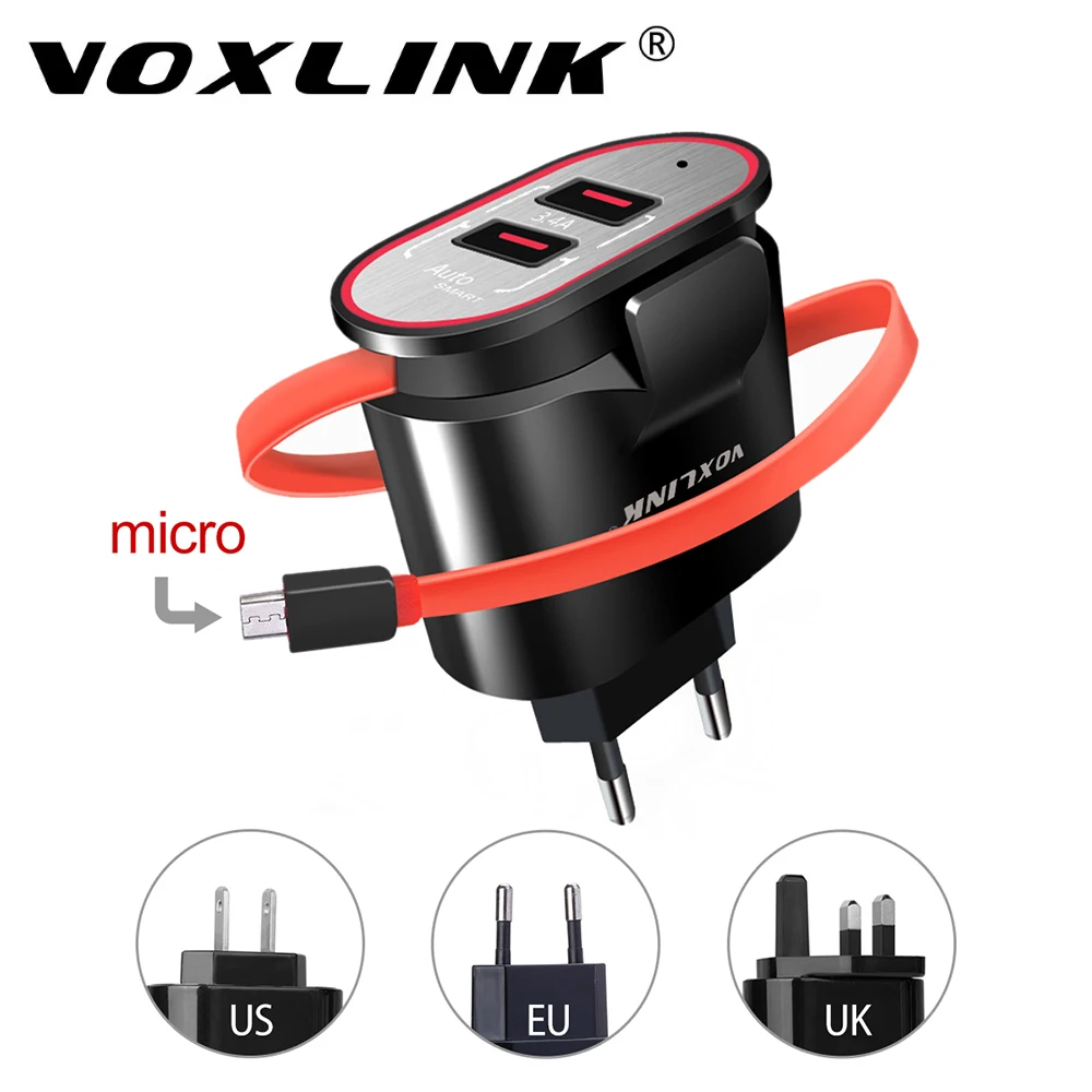 VOXLINK 2 Port USB Charger Built-in Cable EU /US/UK Plug 5V 3.4A Fast Charging USB Wall Charger For iPhone iPad Samsung Tablet
VOXLINK 2 Port USB Charger Built-in Cable EU /US/UK Plug 5V 3.4A Fast Charging USB Wall Charger For iPhone iPad Samsung Tablet