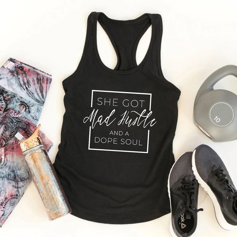 She Got Mad Hustle And A Dope Soul Tank Tops Women Flowy Racerback Black Running Tank Casual Sleeveless Slogan Gym Workout Shirt
She Got Mad Hustle And A Dope Soul Tank Tops Women Flowy Racerback Black Running Tank Casual Sleeveless Slogan Gym Workout Shirt