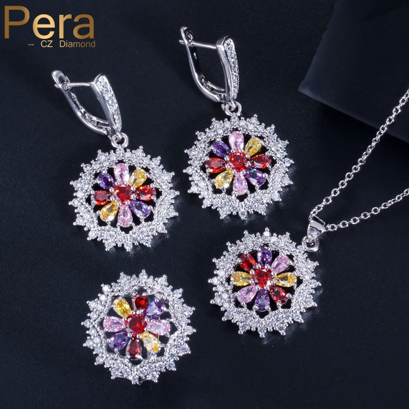 Pera Trendy 3 Pcs Prom Party Big Flower Shape Red Pink Purple Yellow Stone Silver Color Women Engagement Jewelry Sets Gift J010 | Украшения