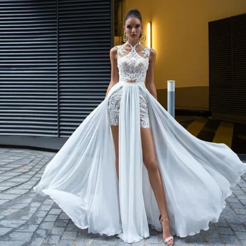 High Quality Beach Lace Appliques Long Bride Formal Dresses New Style Sexy Two High Slit Side Chiffon Wedding Gown 2019 Custom
High Quality Beach Lace Appliques Long Bride Formal Dresses New Style Sexy Two High Slit Side Chiffon Wedding Gown 2019 Custom