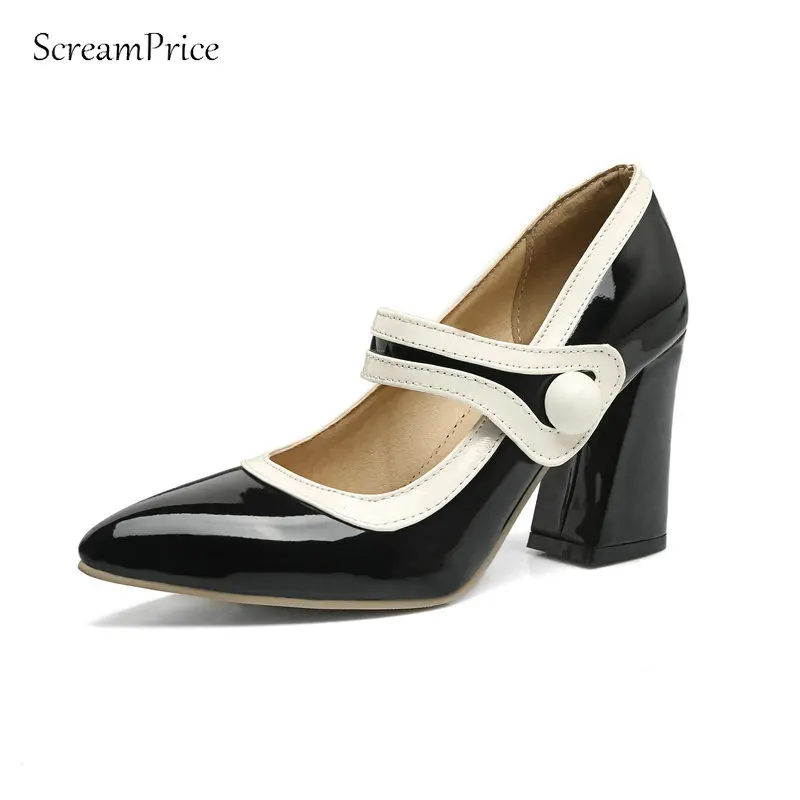 Patent Leather Mixed Color High Heel Shoes Sweet Pointed Toe Hook Loop Party Pumps Square Heel Woman Shoes Black White Light Gr