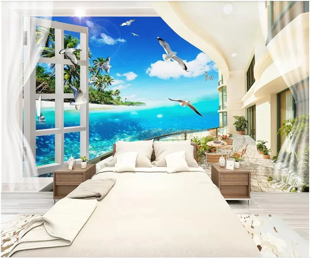 

Custom photo mural 3d wallpaper Mediterranean beach coconut palm seascape home decor living room wallpaper for walls 3 d