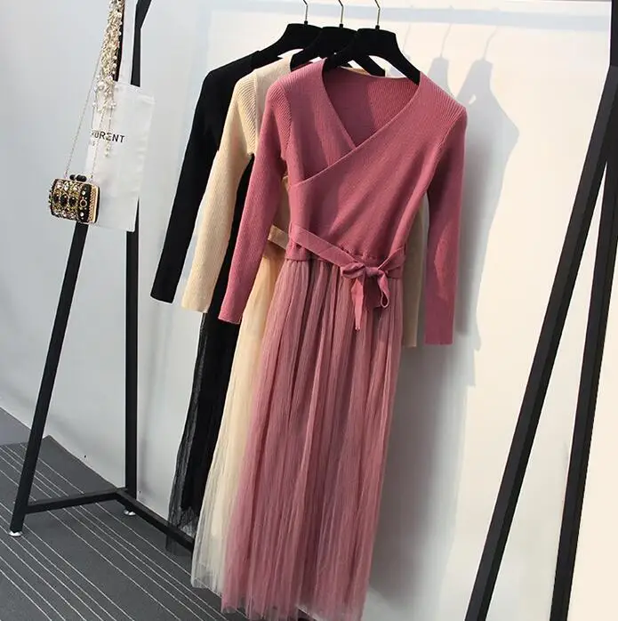 2018 Women Kint Sweater Dress V-neck Korean Fashion Mesh Long Dress Belt Gauze Knitted Maxi Dresses
2018 Women Kint Sweater Dress V-neck Korean Fashion Mesh Long Dress Belt Gauze Knitted Maxi Dresses