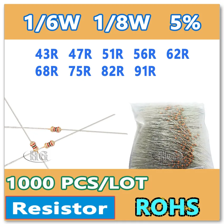 JASNPROSMA 1000 шт./лот 5% 1/6 Вт 1/8 Вт 43R 47R 51R 56R 62R 68R 75R 82R 91R карбоновая пленка DIP OHM Новые товары резистор с цветным кольцом
JASNPROSMA 1000 шт./лот 5% 1/6 Вт 1/8 Вт 43R 47R 51R 56R 62R 68R 75R 82R 91R карбоновая пленка DIP OHM Новые товары резистор с цветным кольцом