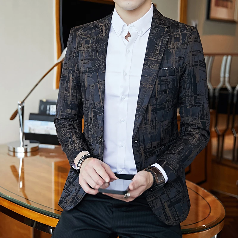 

Casual Mens Stylish Blazer Homme Slim Fit Prom Jacket Xadrez Masculino One Button Business Elegant Dark Print Dinner Blazer