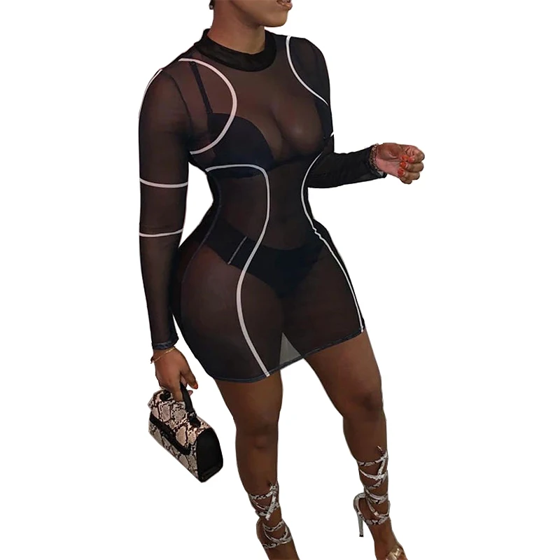 Sexy Transparent Mini Dress Women Long Sleeve O Neck Striped Patchwork Bodycon Women Dress Night Club See Through Dress Vestidos 
Sexy Transparent Mini Dress Women Long Sleeve O Neck Striped Patchwork Bodycon Women Dress Night Club See Through Dress Vestidos