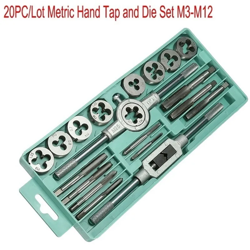 Multi Standard 20Pcs/Set Metric Hand Tap and Die Set M3-M12 Screw Thread Plugs Straight Taper Reamer knurling Handle Tools
Multi Standard 20Pcs/Set Metric Hand Tap and Die Set M3-M12 Screw Thread Plugs Straight Taper Reamer knurling Handle Tools
