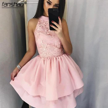 Pink Homecoming Dresses Halter A-line Lace Appliques Tired Ruffles Above Knee,Mini Illusion Elegant Cocktail Dresses
Pink Homecoming Dresses Halter A-line Lace Appliques Tired Ruffles Above Knee,Mini Illusion Elegant Cocktail Dresses