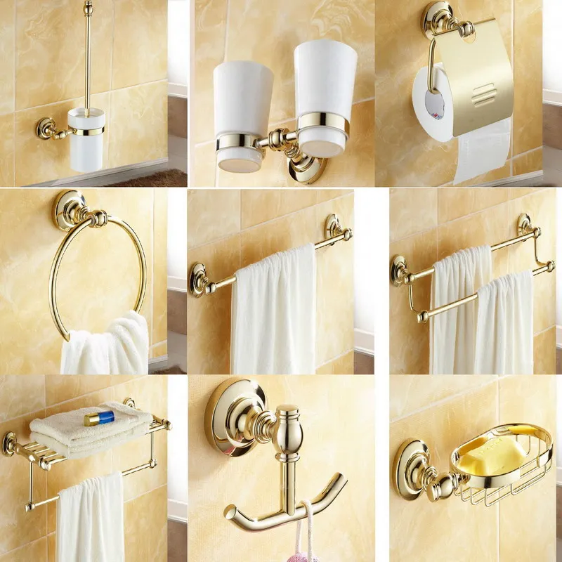 Gold Color Brass Wall Mounted Bathroom Accessories Set Towel Bar Soap Dish Robe Hook Toilet Paper Holder Toothbrush Holder A021
Gold Color Brass Wall Mounted Bathroom Accessories Set Towel Bar Soap Dish Robe Hook Toilet Paper Holder Toothbrush Holder A021