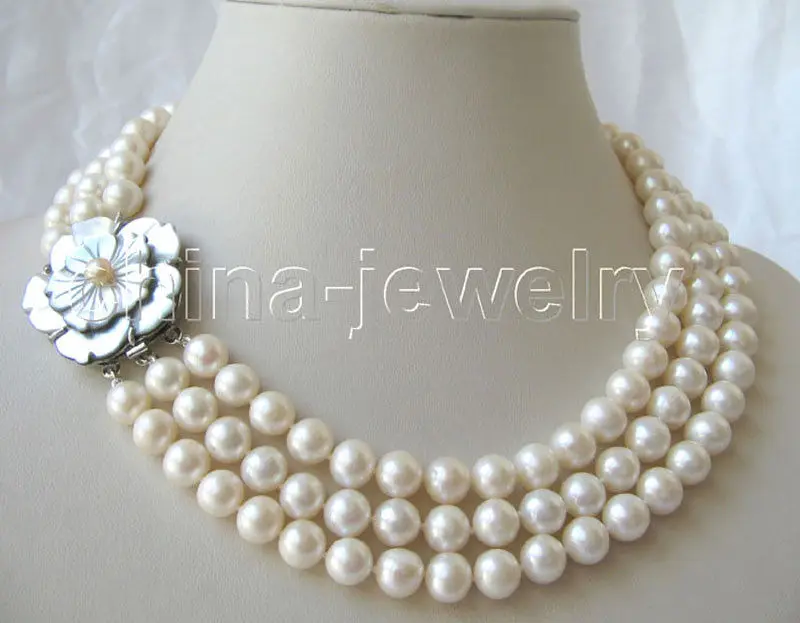 

17-19" 3row 10-11mm white round freshwater pearl necklace - 925 mabe