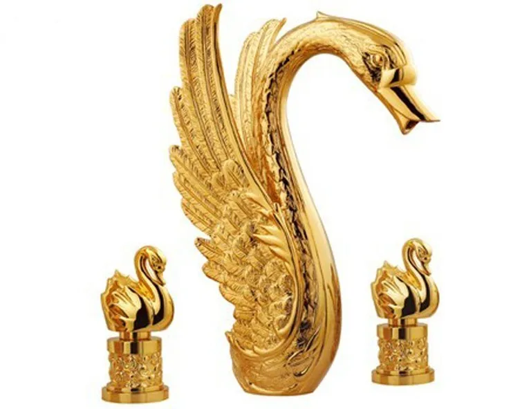 

Free shipping PVD GOLD finish 3 Pcs Widespread ROMAN swan tub faucet swan mixer tap little swan handles