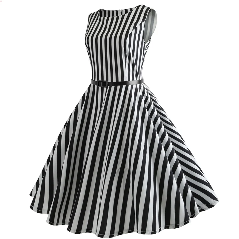 Kostlich O-Neck Casual Ladies Dresses Plus Size Summer Hepburn Vintage Dress With Sashes Women Striped Printed Big Swing Dress (3)