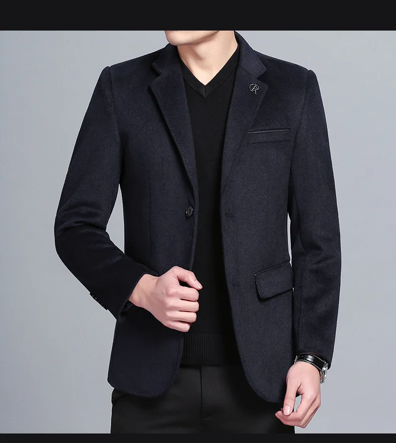 Waliicorners Wool Coat Men's Casual Solid Color Multi-Pocket Slim Fit Wool Blends Woolen Pea Coat Male Trench Coat Overcoat 56