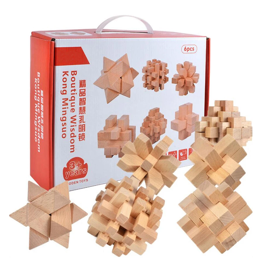 6pcs/set Creative New Design Unlock Toys IQ Brain Teaser Kong Ming Lock Wooden Interlocking Burr 3D Puzzles Toy for Kids Adults
6pcs/set Creative New Design Unlock Toys IQ Brain Teaser Kong Ming Lock Wooden Interlocking Burr 3D Puzzles Toy for Kids Adults