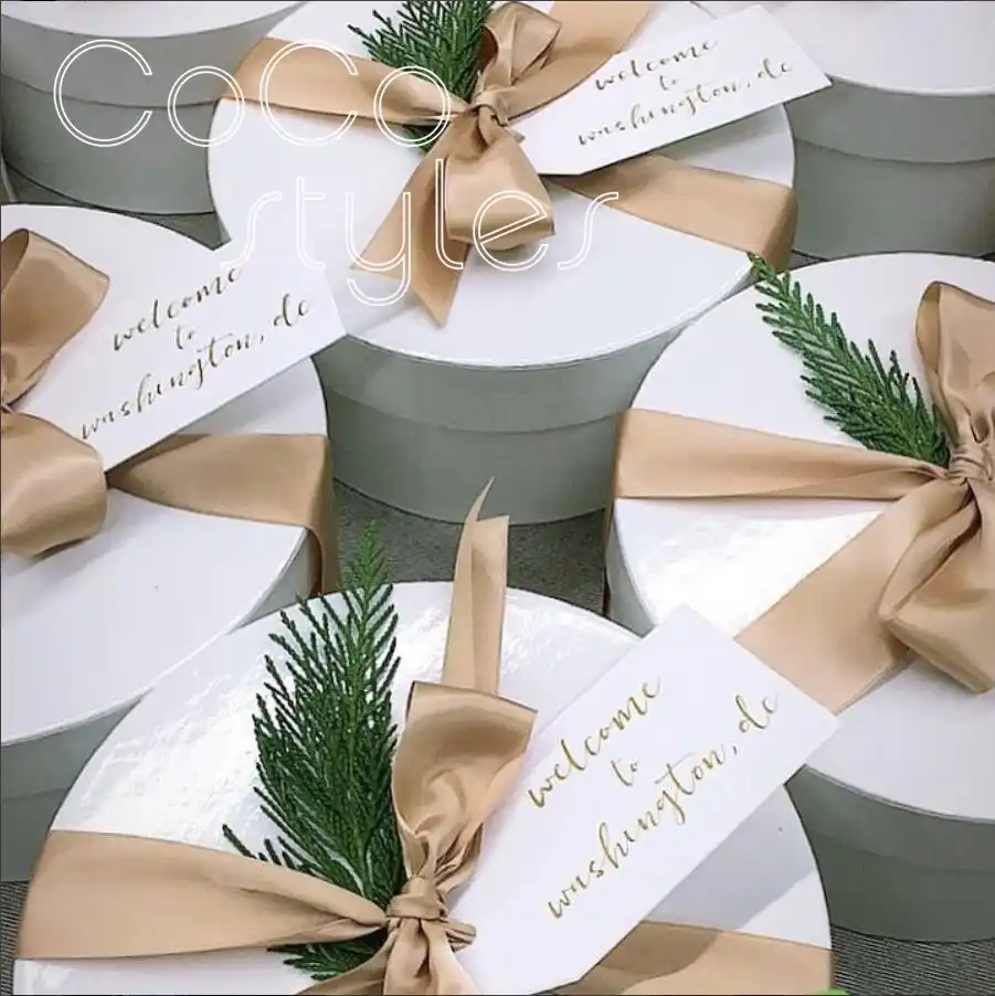 hardcover flower box with ribbon and tag for lawn wedding gift