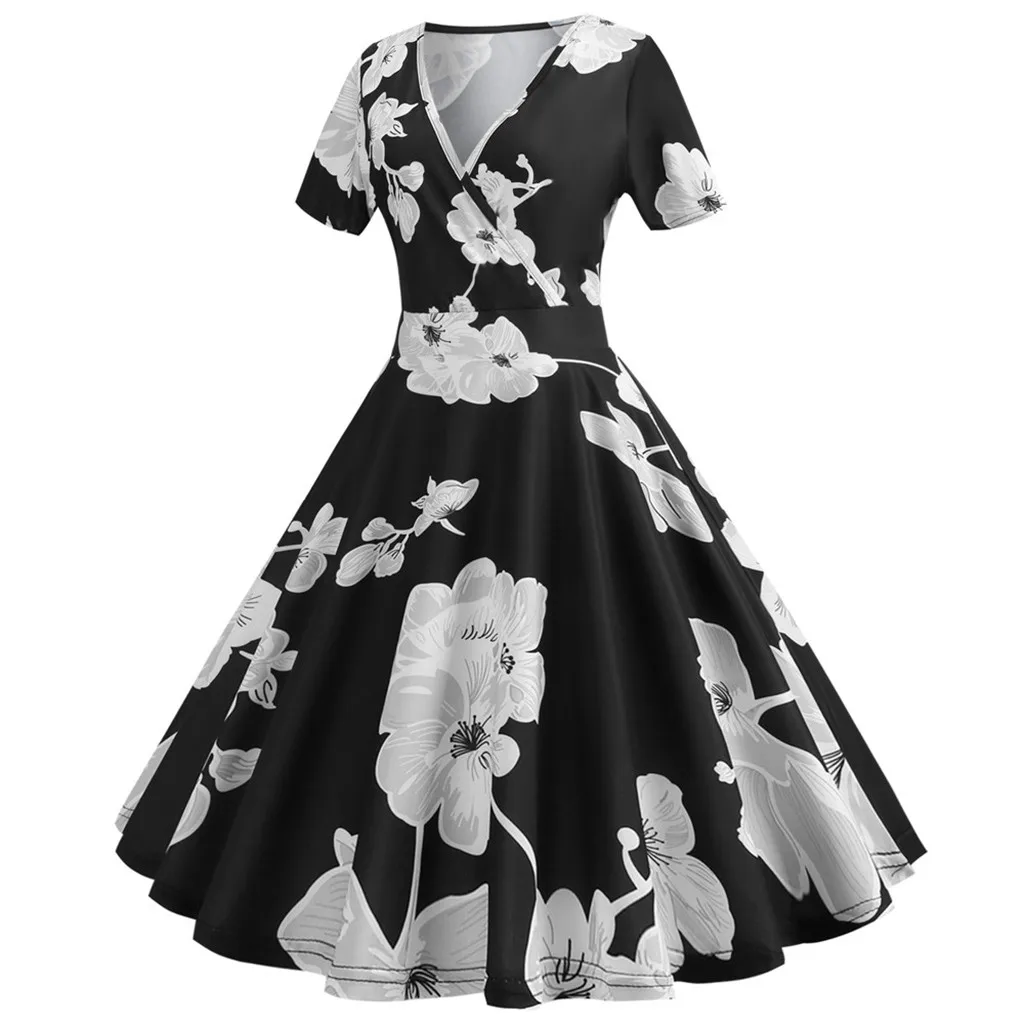 Summer Sundress Women Beach Dress Vintage 1950s Retro Short Sleeve Black Print Evening Party Gown Prom Swing Pleated Dress L610
Summer Sundress Women Beach Dress Vintage 1950s Retro Short Sleeve Black Print Evening Party Gown Prom Swing Pleated Dress L610