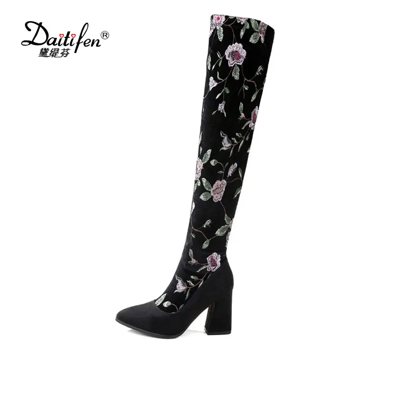 

Daitifen 2017 black flowers national style embroidery zip thigh high boots Pointed toe high-heel women shoes over the knee boots