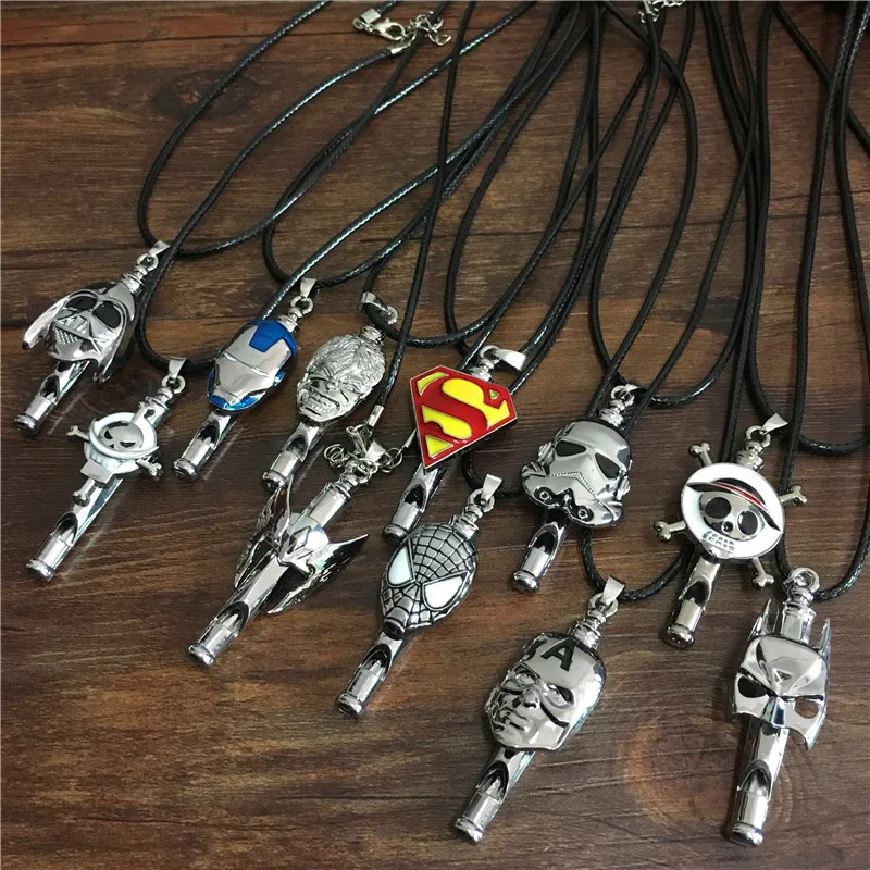 New Arrival Movie Star war The Avengers Spider Man Iron Man One Piece Necklace Fashion Personality Whistle Necklace 20PCS/LOT
New Arrival Movie Star war The Avengers Spider Man Iron Man One Piece Necklace Fashion Personality Whistle Necklace 20PCS/LOT