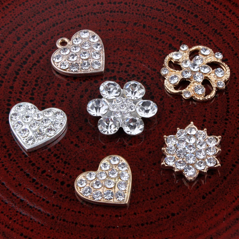 

30PCS Vintage heart/flower/snow Metal Rhinestone Buttons Bling Alloy Crystal Flatback Flower Centre Buttons for Hair accessories