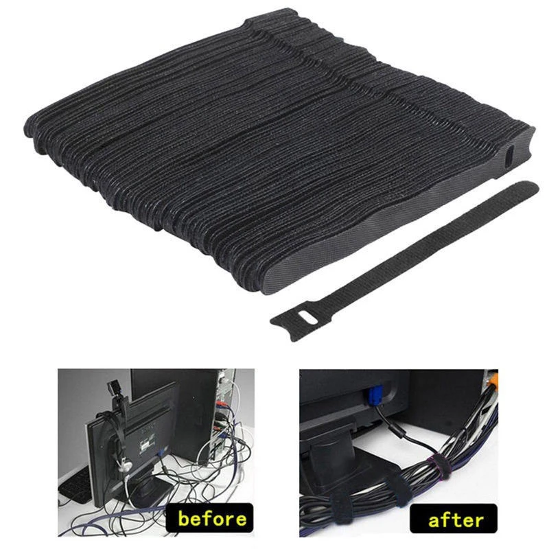 Mayitr 50Pcs 1.2X15CM Reusable Cable Nylon Strap Black Cable Cord Hook and Loop Ties Tidy Organiser for Cable Winder