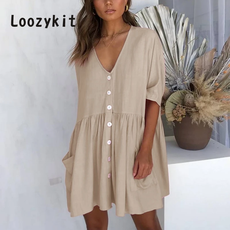 LOOZYKIT Summer Half Sleeve Dresses with Pockets Women V Neck Loose Dress Elegant High Waist Vestidos Button robe femme
LOOZYKIT Summer Half Sleeve Dresses with Pockets Women V Neck Loose Dress Elegant High Waist Vestidos Button robe femme