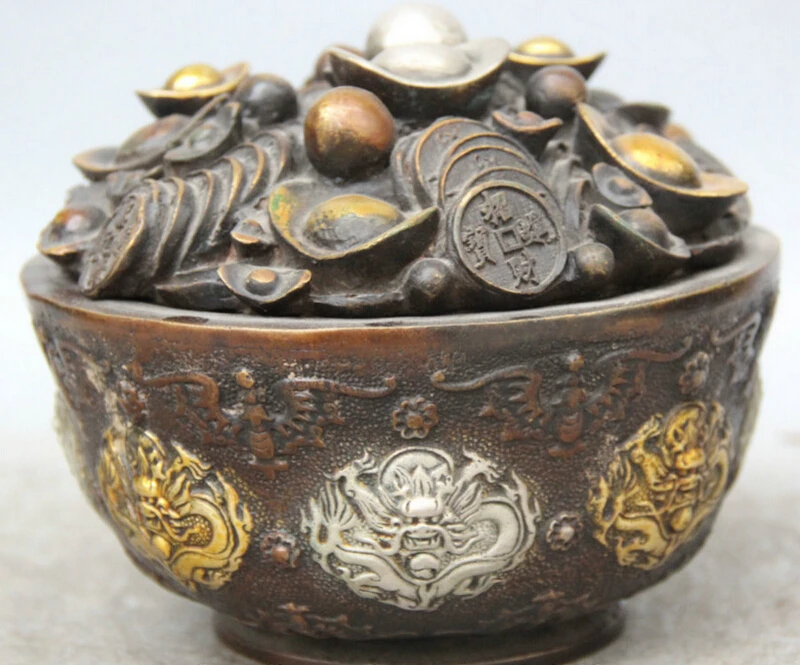 Elegant old S1909 7" Chinese Bronze Gild Silver treasure bowl bat Dragon Incense Burner Censer statue
Elegant old S1909 7" Chinese Bronze Gild Silver treasure bowl bat Dragon Incense Burner Censer statue