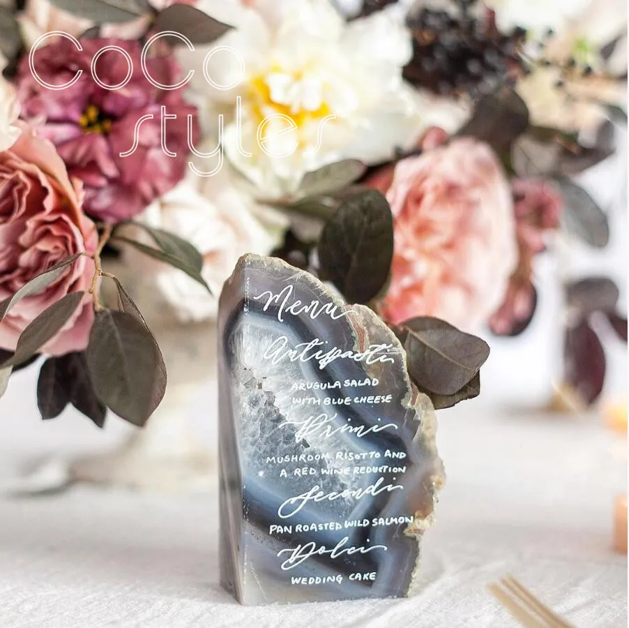 Cocostyles customized elegant agate menu card with hand writing for calligrapher wedding party menu card
Cocostyles customized elegant agate menu card with hand writing for calligrapher wedding party menu card