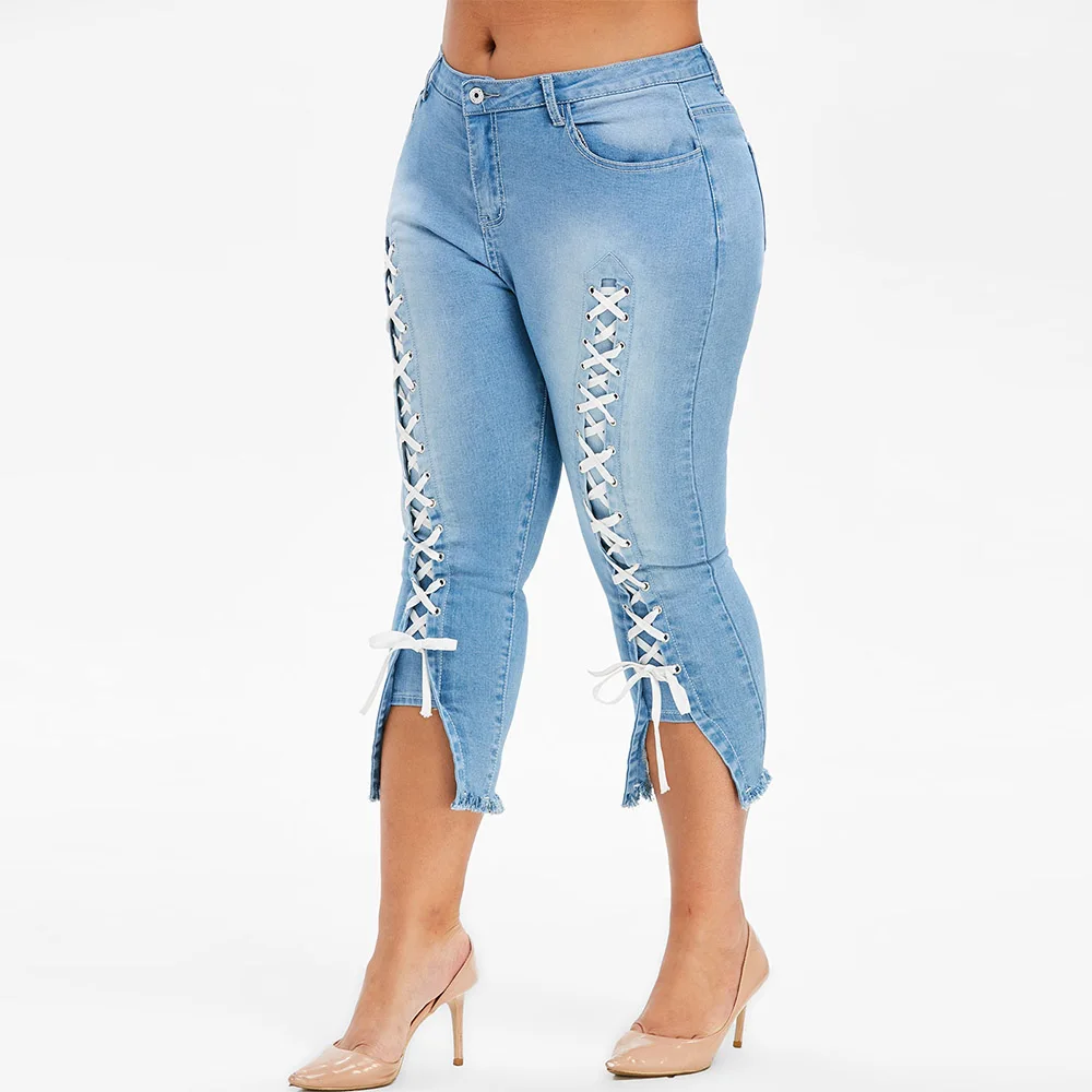 Rosegal Plus Size Lace Up Frayed Cropped Jeans Zipper Fly High Waist Pants Women Skinny Claf-Length Pencil Pants Streetwear 2019
Rosegal Plus Size Lace Up Frayed Cropped Jeans Zipper Fly High Waist Pants Women Skinny Claf-Length Pencil Pants Streetwear 2019