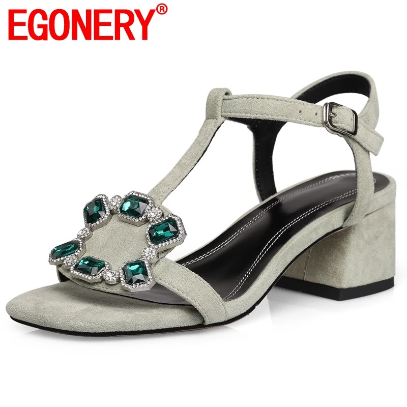 

EGONERY shoes woman 2019 summer newest fashion sexy crystal flock woman sandals outside med square heels buckle ladies shoes