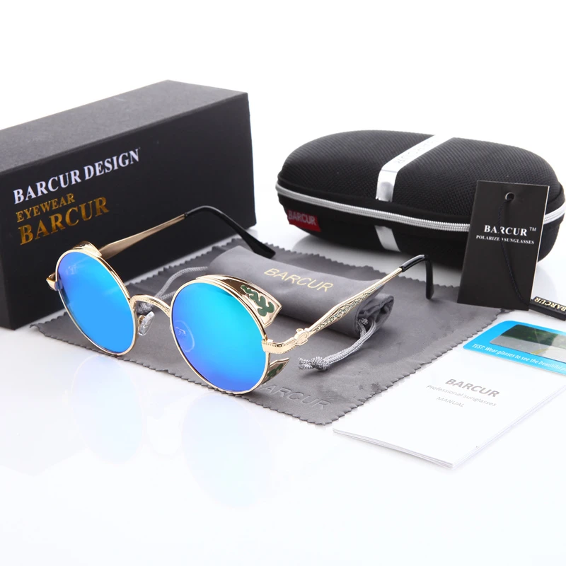 BARCUR Round Steampunk Sunglasses Men Brand Designer