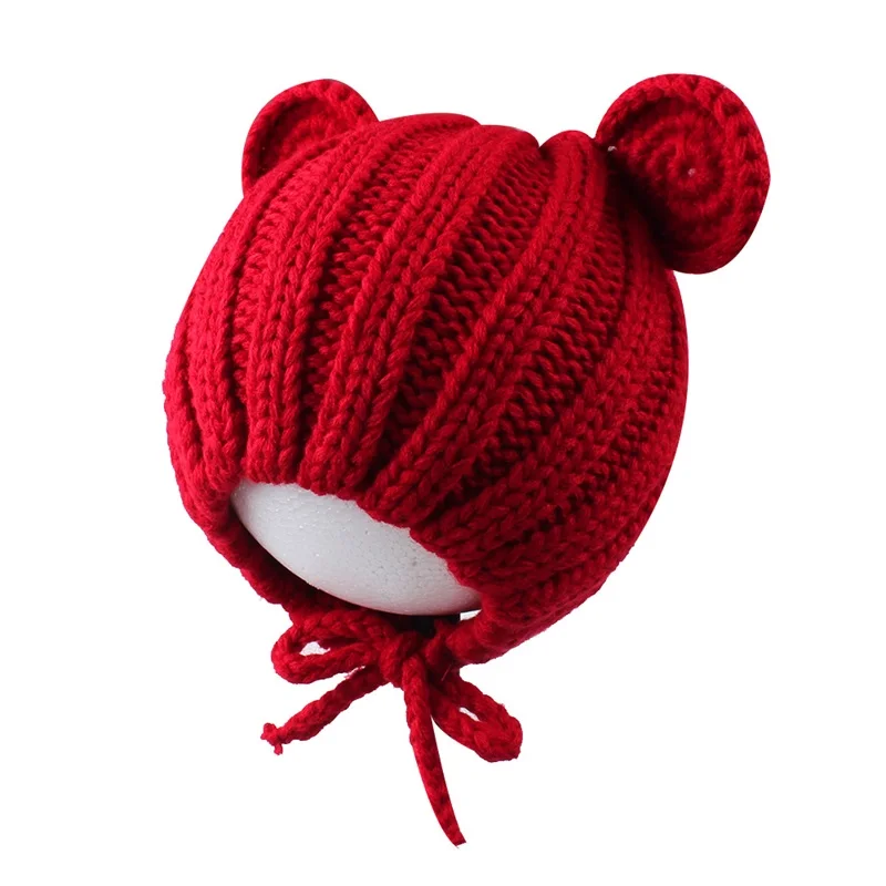 Korean Cute Baby Beanie Hat Knitted Fashion Girls Hat With Ears Lovely Lace Up Boys Hat Warm Autumn Toddler Hat Baby Accessories (15)