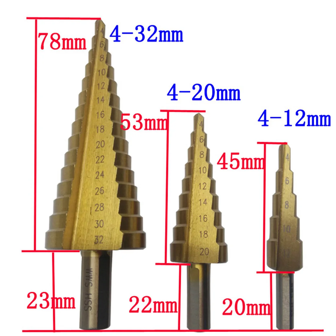 Step Cone 3pcs 4-12/20/32mm Triangular Shank Coated Metal Drill Bit Cut Tool Set Hole Cutter Woodworking Drill Bit HSS Steel
Step Cone 3pcs 4-12/20/32mm Triangular Shank Coated Metal Drill Bit Cut Tool Set Hole Cutter Woodworking Drill Bit HSS Steel