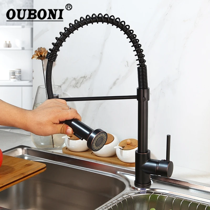 

OUBONI ORB Solid Brass Pull Out Kitchen Faucet Deck Mount 2 Water Ways Sprayer Spring Swivel Kitchen Sink Mixer Tap