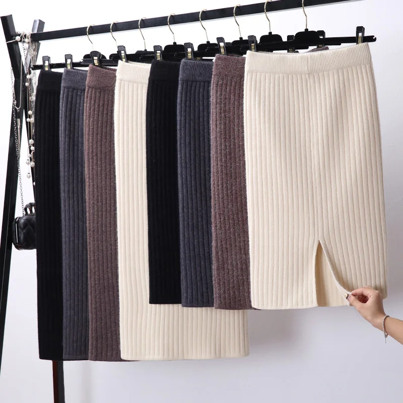 

Women Back Slit Bodycon Elegant Midi Pencil Skirt Autumn Winter Casual Knitted Skirt High Waist Skirts Womens Jupe Femme Faldas