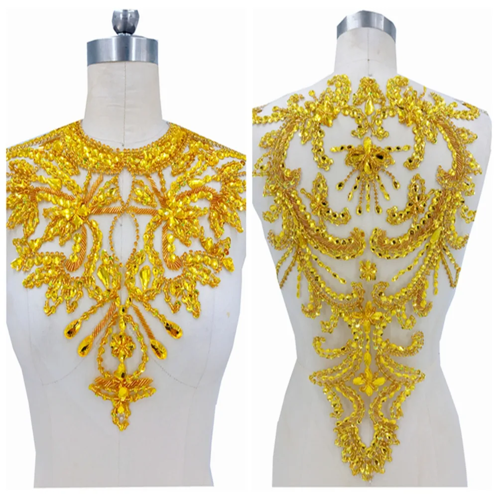 

handmade golden yellow rhinestones applique on mesh sew on crystals trim patches 34*41cm*52*32cm for dress accessories