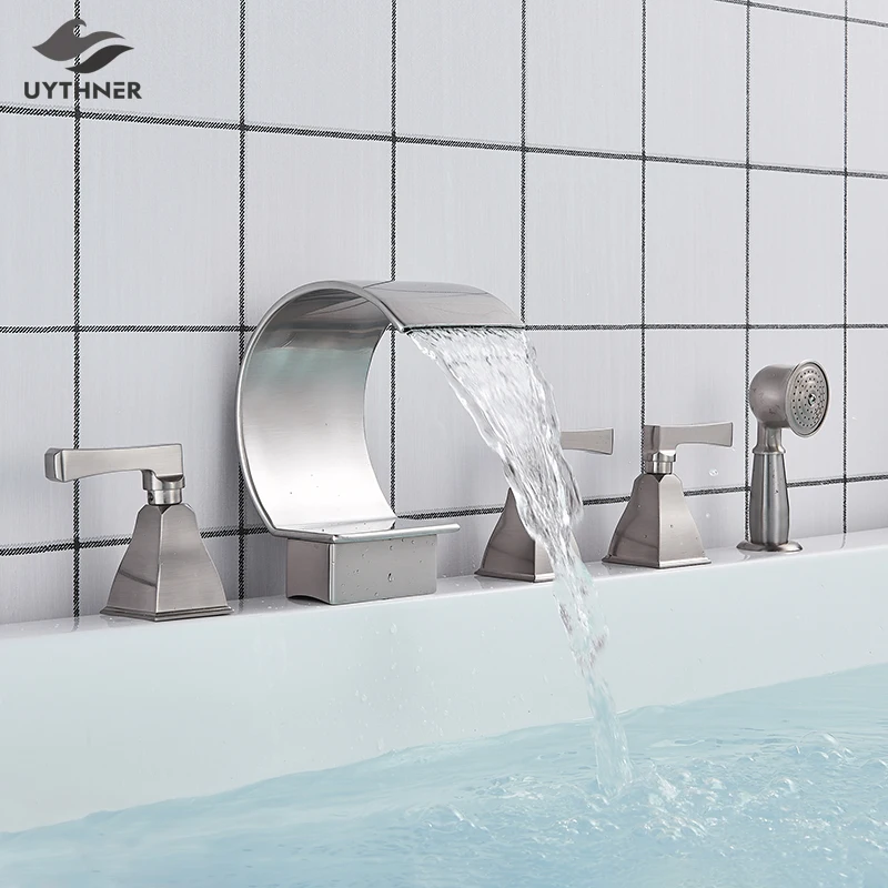 

Bathtub Faucet Mixer Basin Tap Wide Spout Waterfall Tub Bathroom Faucet Hot And Cold Water Mixer With Hand Shower Bath Faucet