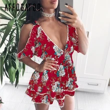 Affogatoo fuera del hombro cuello en v sexy vestido de mujer estampado Floral media manga playa verano vestido Casual alta cintura blanco corto vestido(China)