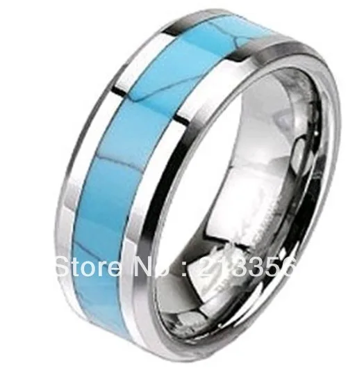 

Free Shipping Cheap Price Jewelry USA Brazil Russia HOT Selling 8MM Mens Turquoise Inlay Silver Beveled Tungsten Wedding Ring