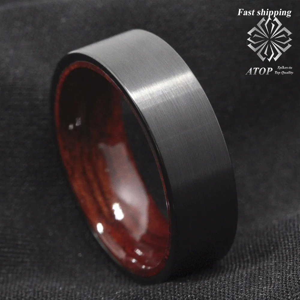 

8mm Black Brushed Tungsten Red Sandal Wood Inlay Wedding Band Ring Men's Jewelry Free Shipping