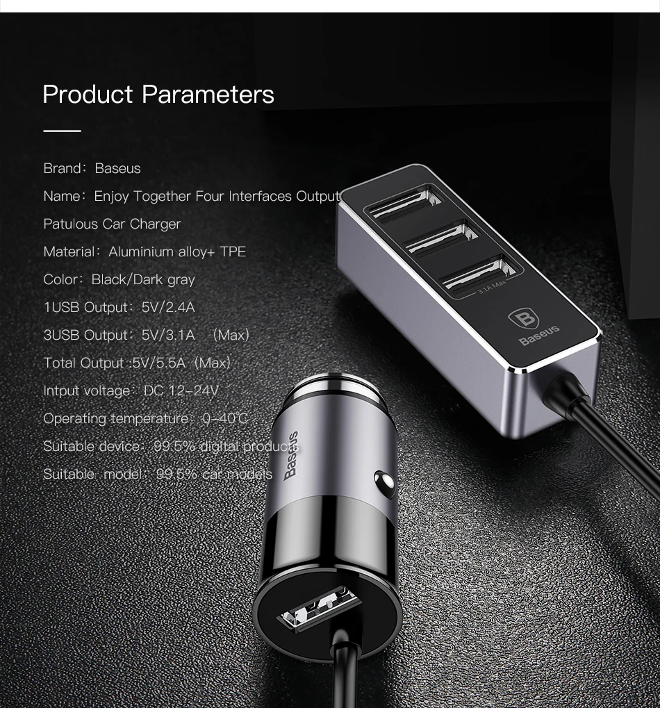 Baseus 4 USB Fast Car Charger For iPhone iPad Samsung Tablet Mobile Phone Charger 5V 5.5A Car USB Charger Car-Charger Sadoun.com