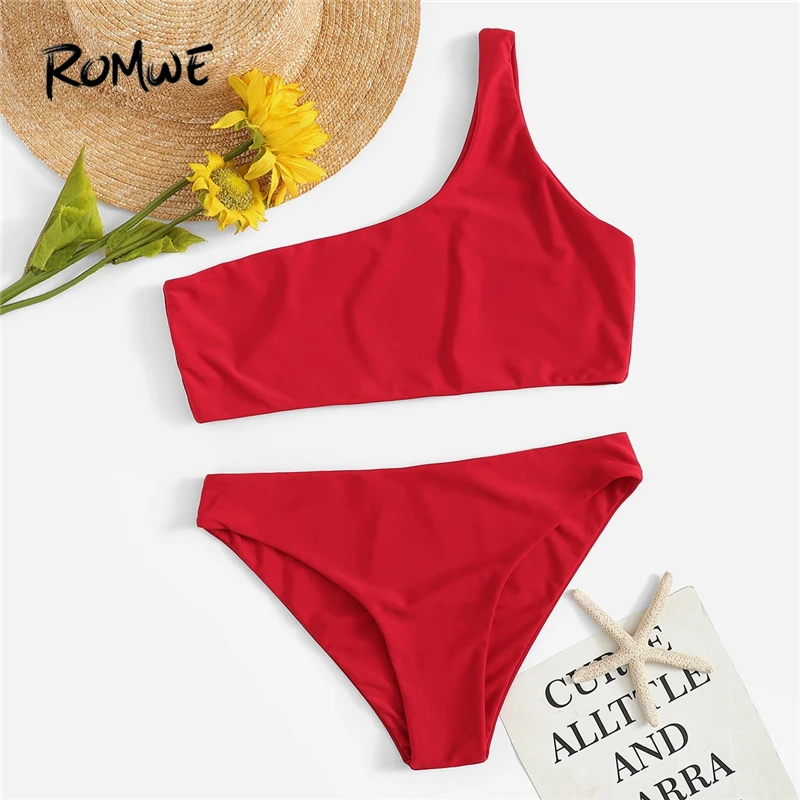 

Romwe Sport Red Bright Solid One Shoulder Top With Bottoms Bikini Set 2019 Women Summer Sexy Wire Free Beach Vacation Swimwear