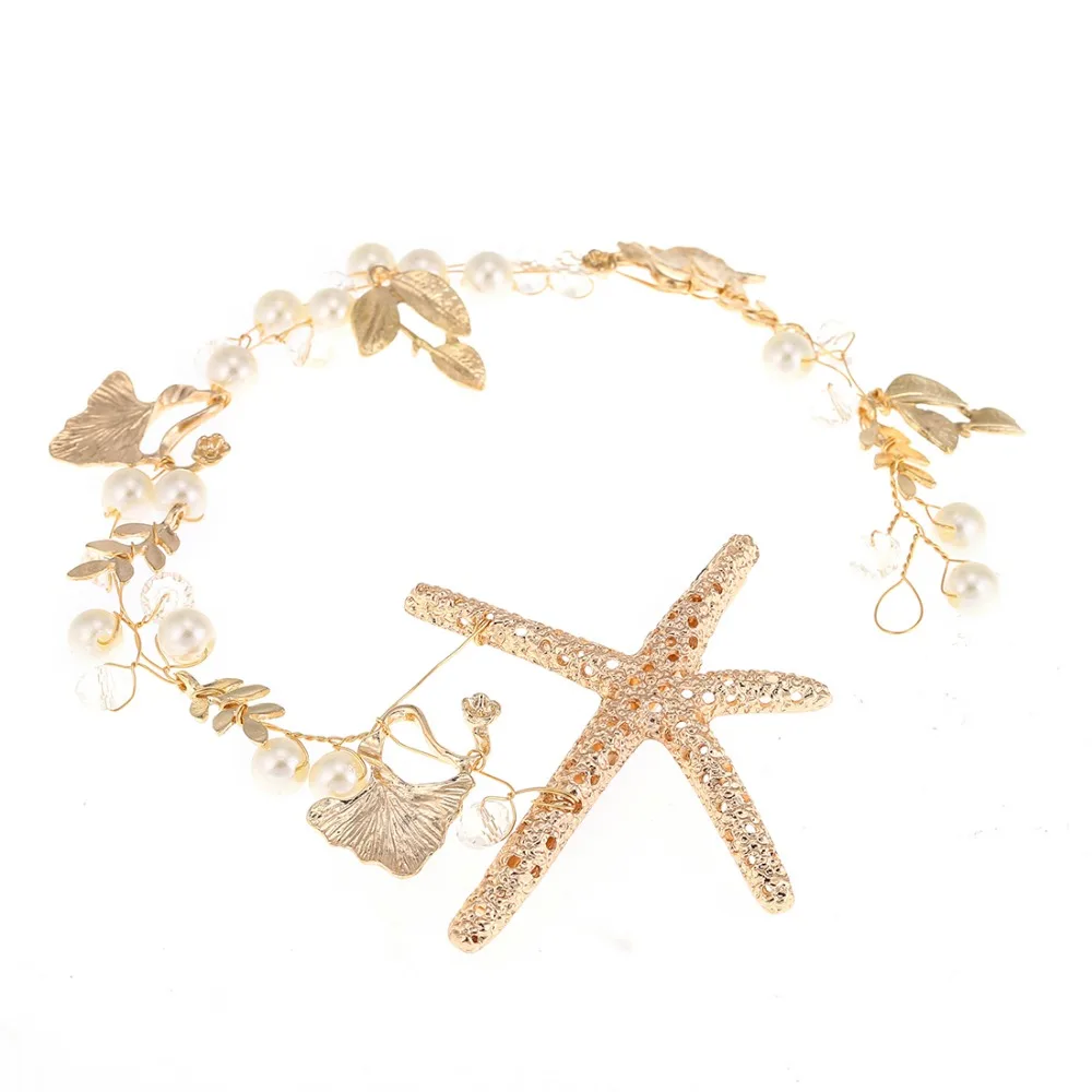 Antique Gold Crystal Fish starfish pearl conch shells bride jewelry marriage studio crown headdress wedding hair accessories | Украшения и