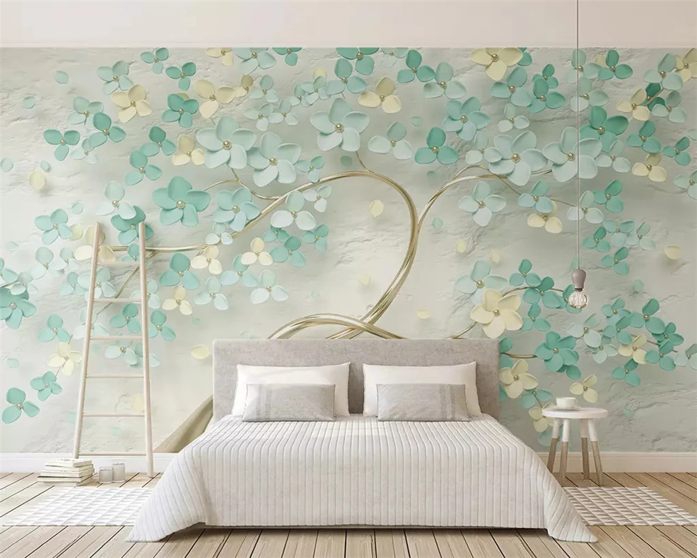 

beibehang Custom 2019 new small wallpaper home decoration fresh mint white flower embossed background papel de parede wall paper