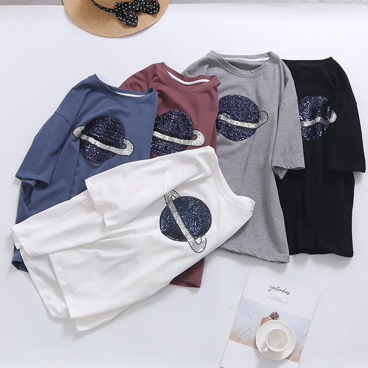 New Ins Tide Short Sleeve T shirt Ladies Loose Bottom Shirt Sequined Star Clothes Spring T shirt of 2019
New Ins Tide Short Sleeve T shirt Ladies Loose Bottom Shirt Sequined Star Clothes Spring T shirt of 2019