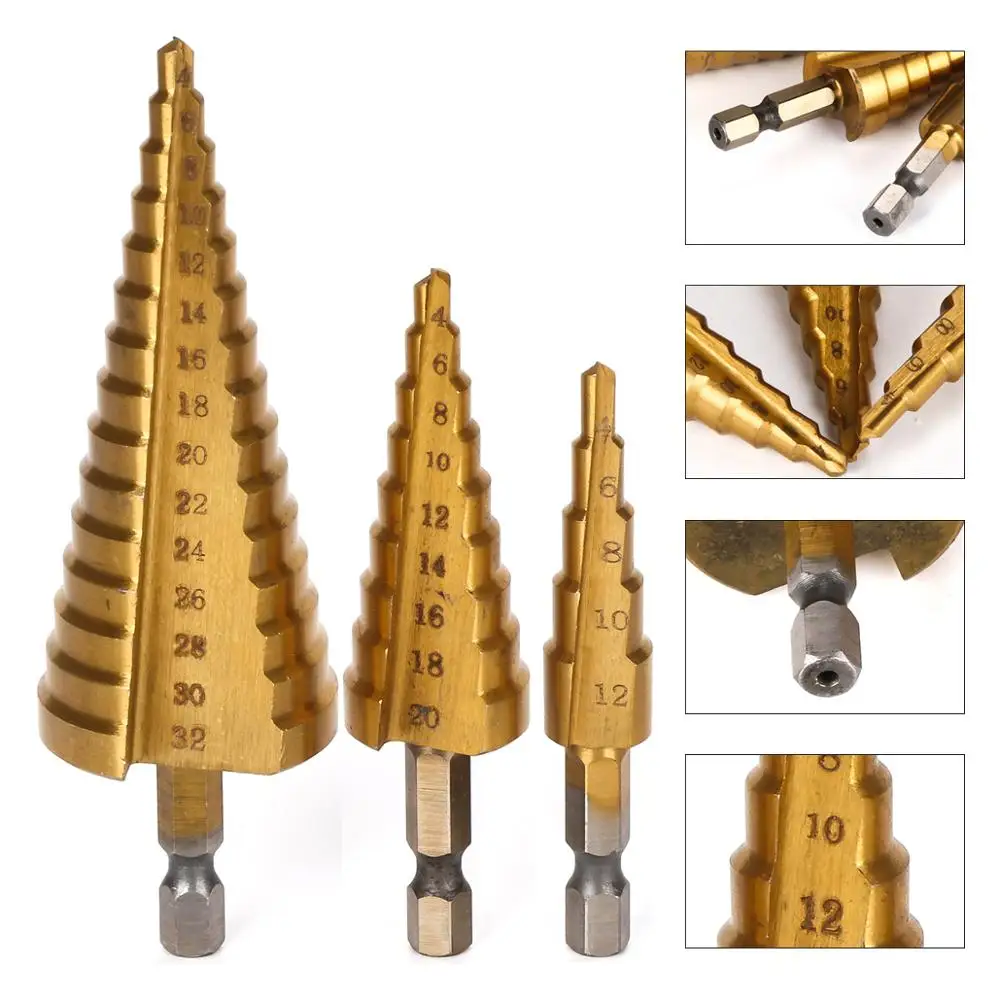 3Pcs High Quality HSS Steel Large Step Cone Titanium Coated Metal Drill Bit Cut Tool Set 4-12/20/32mm High Speed Hole Cutter
3Pcs High Quality HSS Steel Large Step Cone Titanium Coated Metal Drill Bit Cut Tool Set 4-12/20/32mm High Speed Hole Cutter