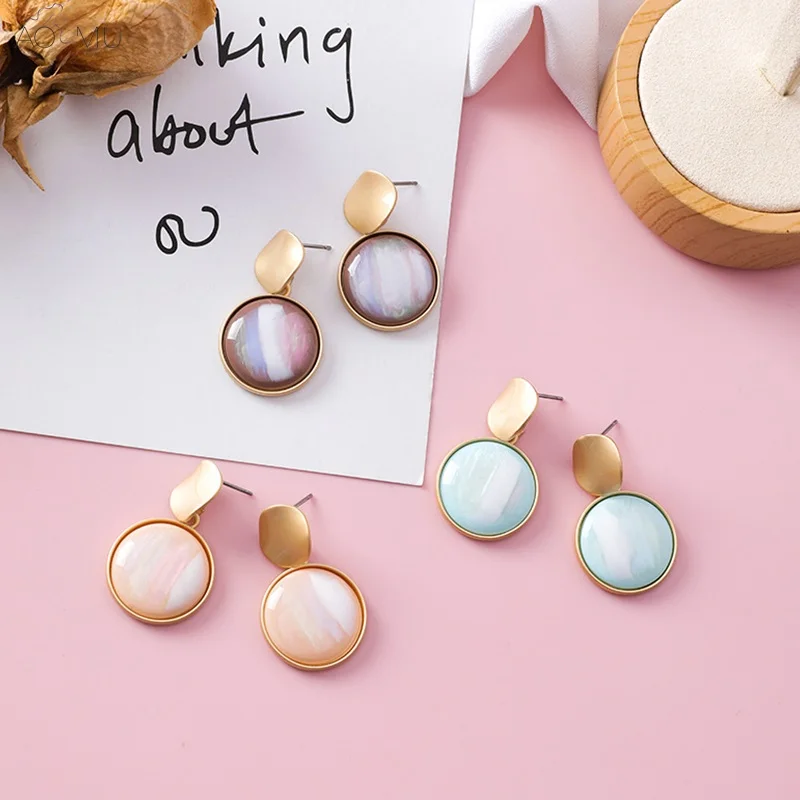 

AOMU 2019 Korean Sweet Irregular Circle Round Acrylic Metal Gold Drop Dangle Earrings for Women Girl Gift Party Jewelry Brincos