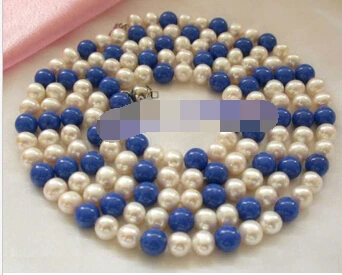 N stunning long 50" 8mm white freshwater pearls blue lapis lazuli necklace 
N stunning long 50" 8mm white freshwater pearls blue lapis lazuli necklace
